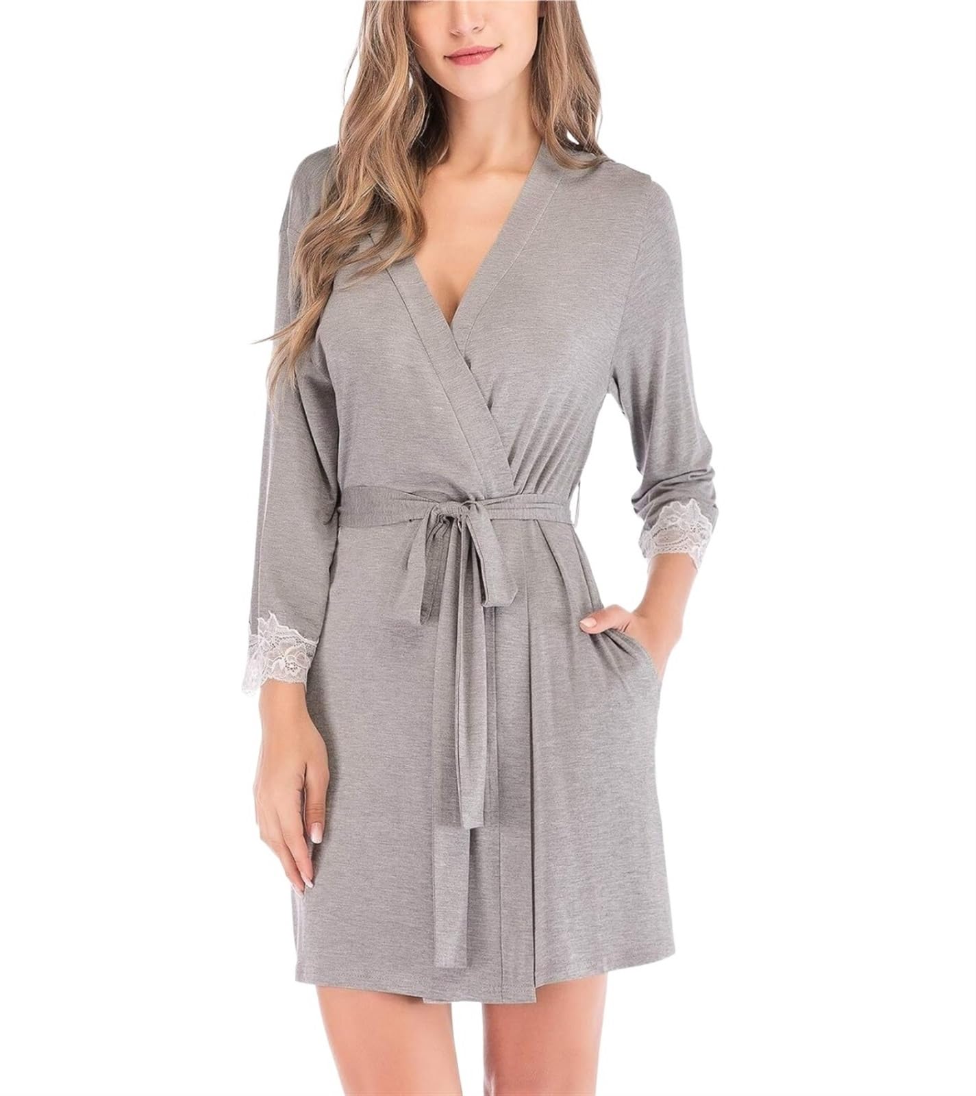 Szlafrok Poranny Damska Miękka Kimono Szlafrok Cienka Piżama 3/4 Rękaw Szlafrok Z Dekoltem W Szpic Homewear Wiosna Lato Odzież Domowa