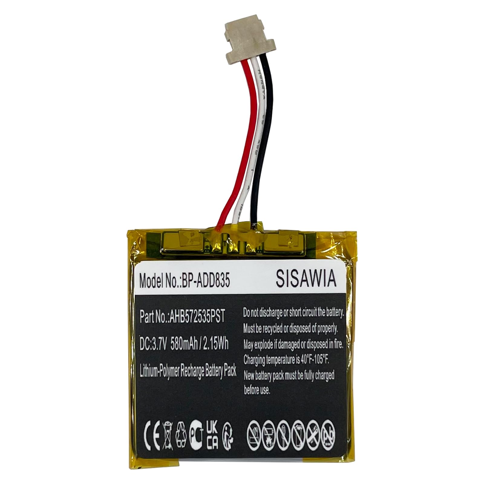 Sisawia Replacement Battery for ADT DBC835,DBC835-V2,Wireless HD Doorbell Camera,AHB553436TPCT,580mAh