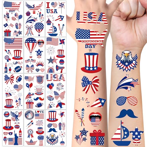 106 PCS 4th of July Tattoos Fourth of July Tattoos for Kids Patriotic Temporary Stickers American Flag Red White Blue Decor for Independence Day 250th Anniversary Decoration Supplies Favors