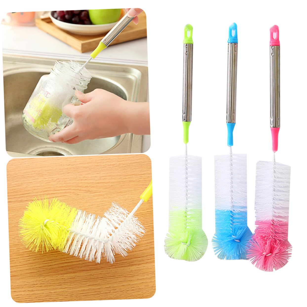 2 Set Spazzola Per Bottiglie Detergente Per Bottiglie Lavabottiglie Tazza Bottiglia 3 Pezzi*2