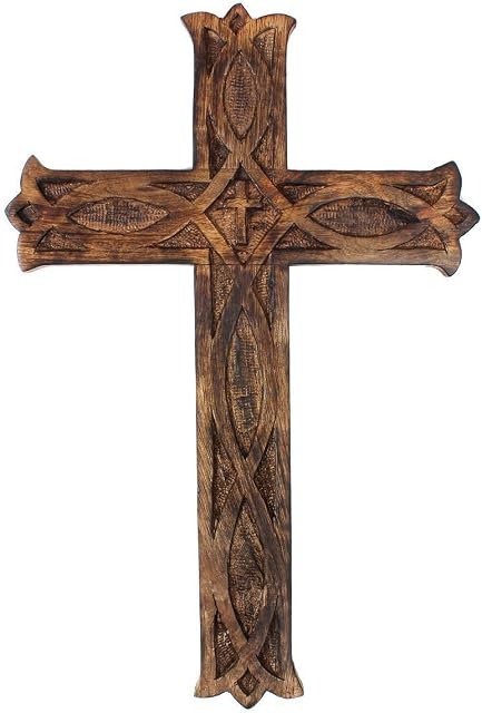 Ajuny Wooden Wall Cross Plaque Hanging Celtic Hand Carvings Religious Home Decor 10x6 Inch