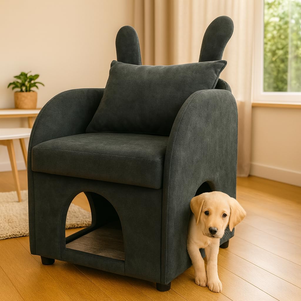 2-in-1 Armchair with Cat & Dog Pet Hideaway, Bunny-Ear Pet-Friendly Accent Chair with Scratch-Resistant Fabric, Dual-Use Sofa Chair with 3-Entry Hideaway Openings for Living Room Bedroom,Dark Gray