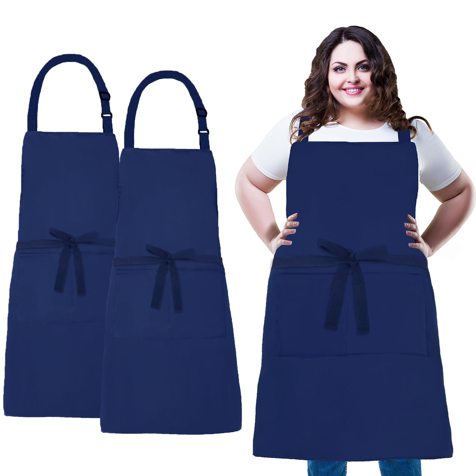 XIEJINJIA Plus Size 2 Pack Adjustable Bib Apron Water Resistant Canvas Extra Wide Long Ties Aprons with 2 Pockets Kitchen Cooking Gardening for Women Men (Navy Blue)