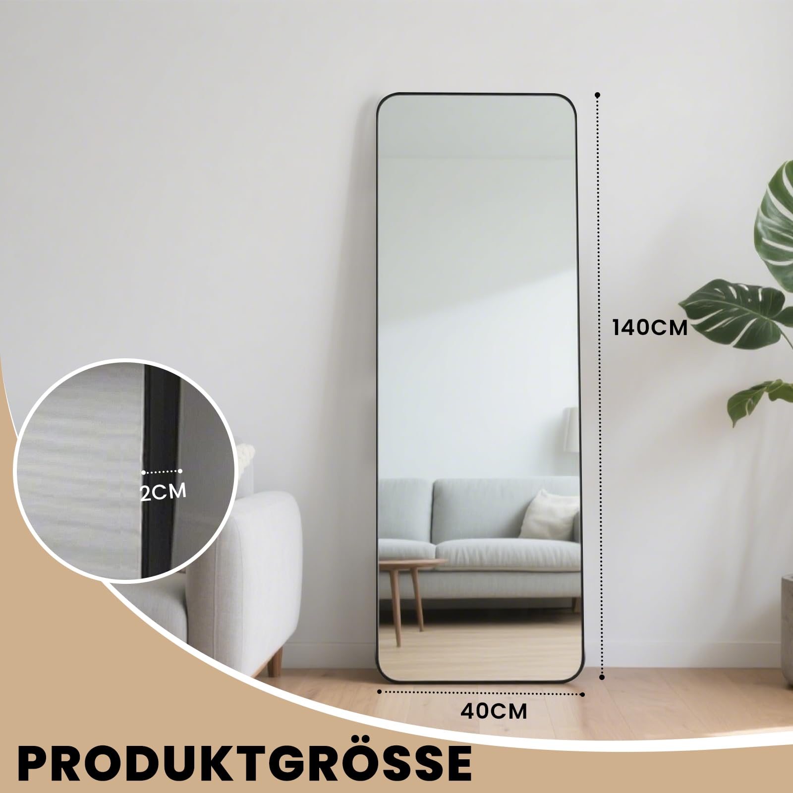Standspiegel Ganzkörperspiegel, 140L x 40B cm, schwarzes Design mit abgerundeten Ecken, Wandspiegel mit Aluminiumrahmen, Bodenspiegel mit modernem Design, Anlehnen oder Freie Platzierung