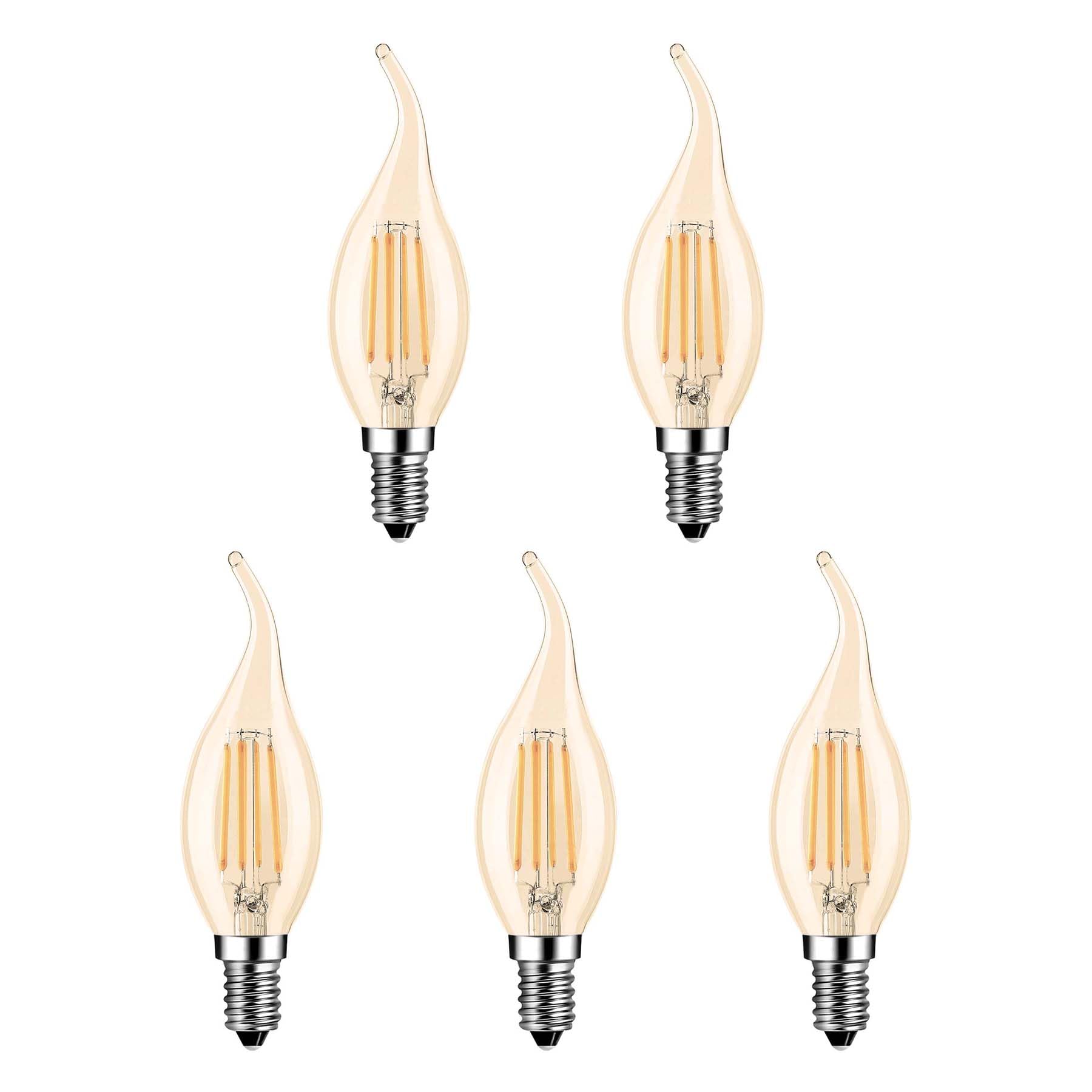 G.W.S® LED Filament Bulb, C35 E14 Small Edison Screw, LED Flame Tip Candle Bulb, 4W Dimmable Warm White 2700K, Amber Glass, Pack of 5