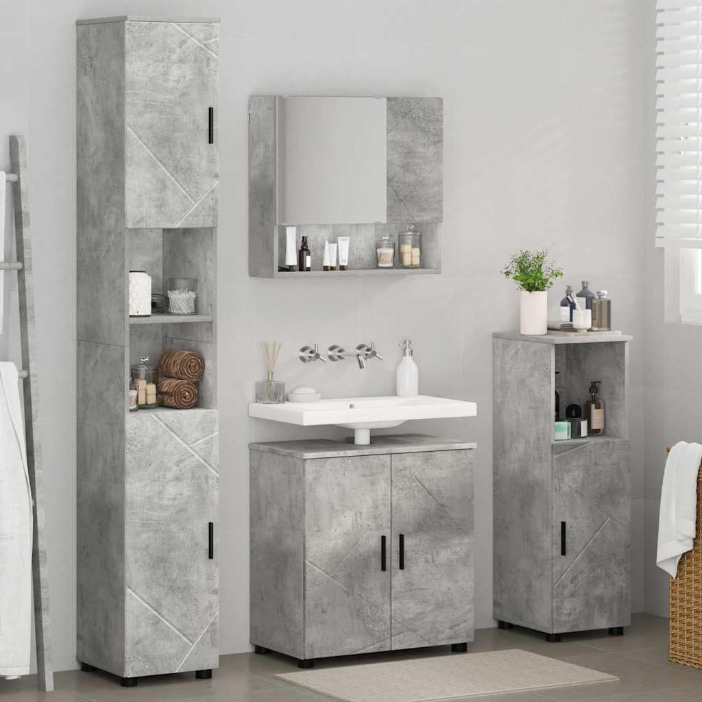 Ensemble de meubles de salle de bain gris béton avec lavabo, armoire à miroir, armoire de salle de bain haute et courte 61 x 35 x 64 cm, en bois et métal, montage mural, espace de rangement