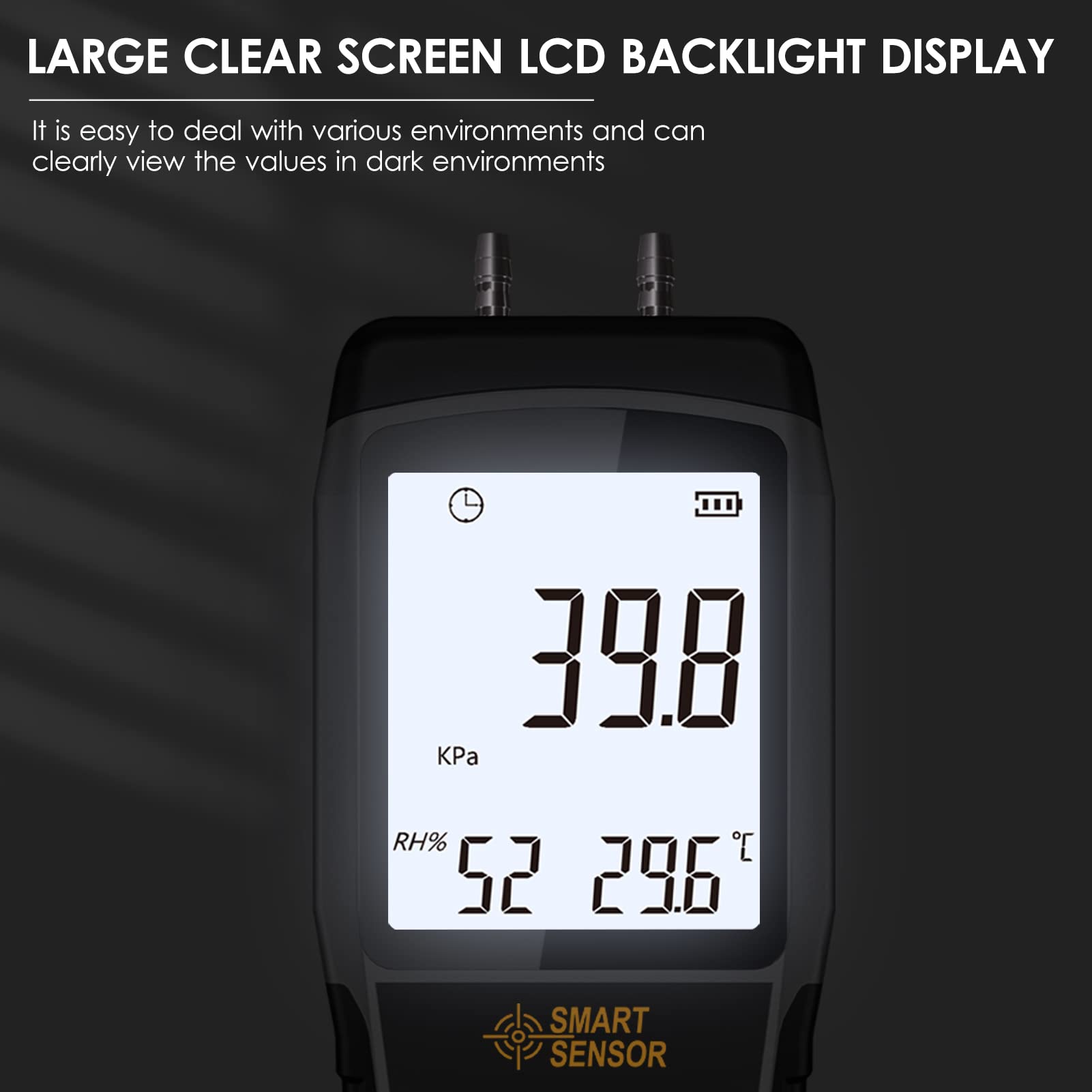 AS511B Digitales Differenzdruckmessgerät -206,8~206,8 KPA Manometer Luftgasdruckprüfgerät mit zwei Anschlüssen und LCD-Display mit Hintergrundbeleuchtung