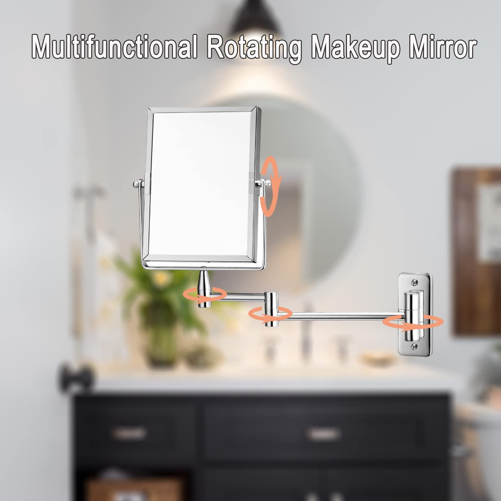 Miroir de maquillage mural avec grossissement 3X, miroir de maquillage for filles, 6 pouces, pivotant à 360 degrés, extensible des deux côtés, salle de bain et hôtel, finition chromée, en laiton