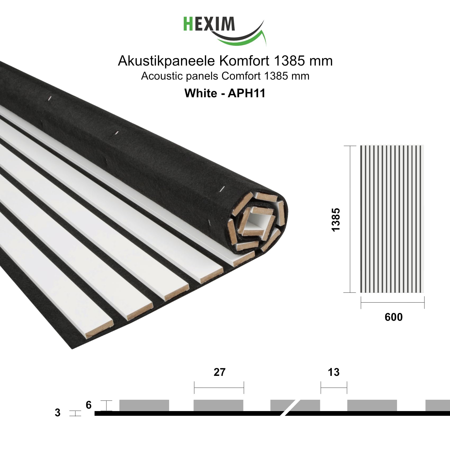 HEXIM Akustikpaneele 138,5x60cm Holz Comfort - flexible Holzpaneele Platten Lamellenwand MDF Wandpaneele Lamellenverkleidung Wandverkleidung schalldämmend (0.83m² White)