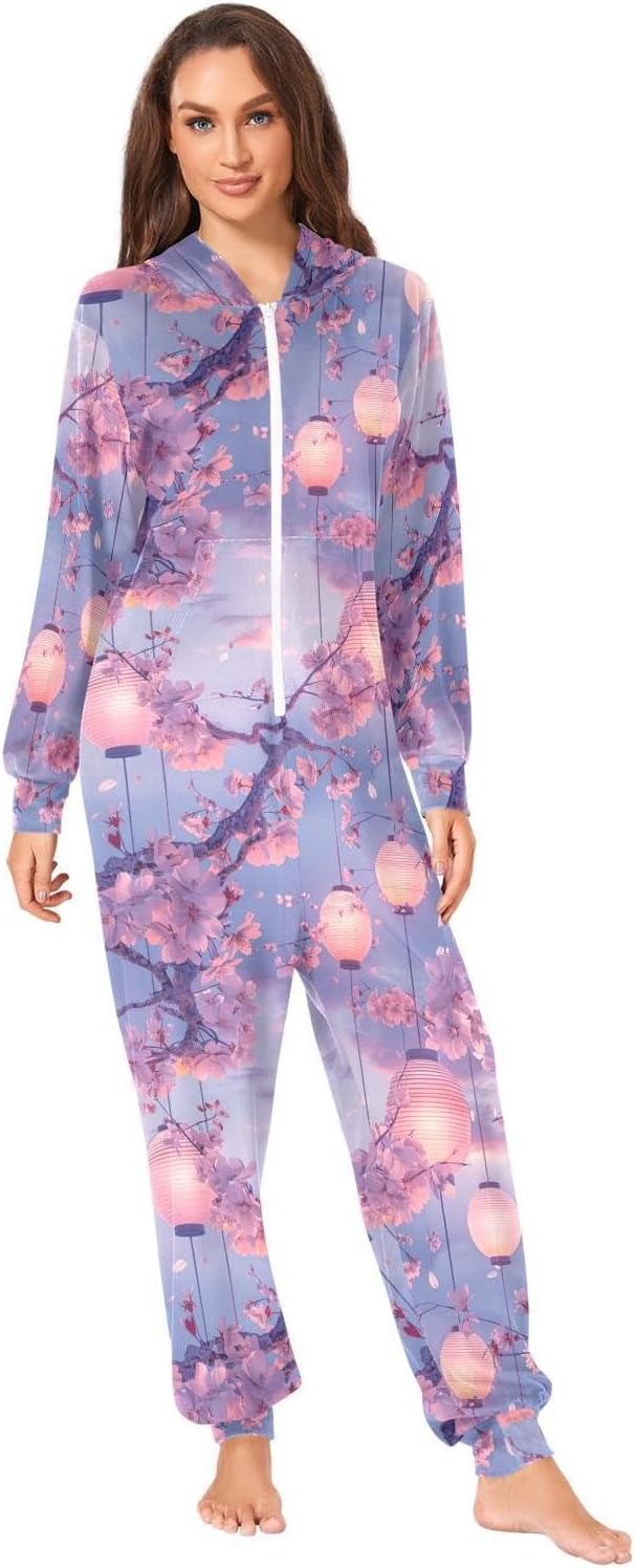 ZZKKO Moonlit Sky Lantern Flower Adult Onesie Pajamas for Women Men Cozy One Piece Pajamas Costume Zip-Up Hooded S-XL