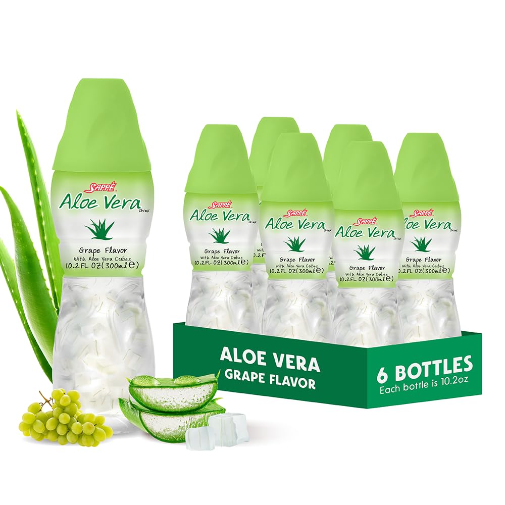 Aloe vera juice (Grape flavored) with bigger chunks of pure aloe pulp (6 Packs) Plant based juice great for hydration and contains large aloe pulp. It is healthy for adults and kids