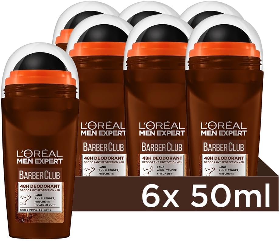 L’Oréal Men Expert 48H Deoroller voor mannen, deodorant roll-on tegen sterke zweetgeur, zweten en okselzweet, voor heren, deodorant met houtachtige geur en etherische cederhoutolie, Barber Club, 6 x