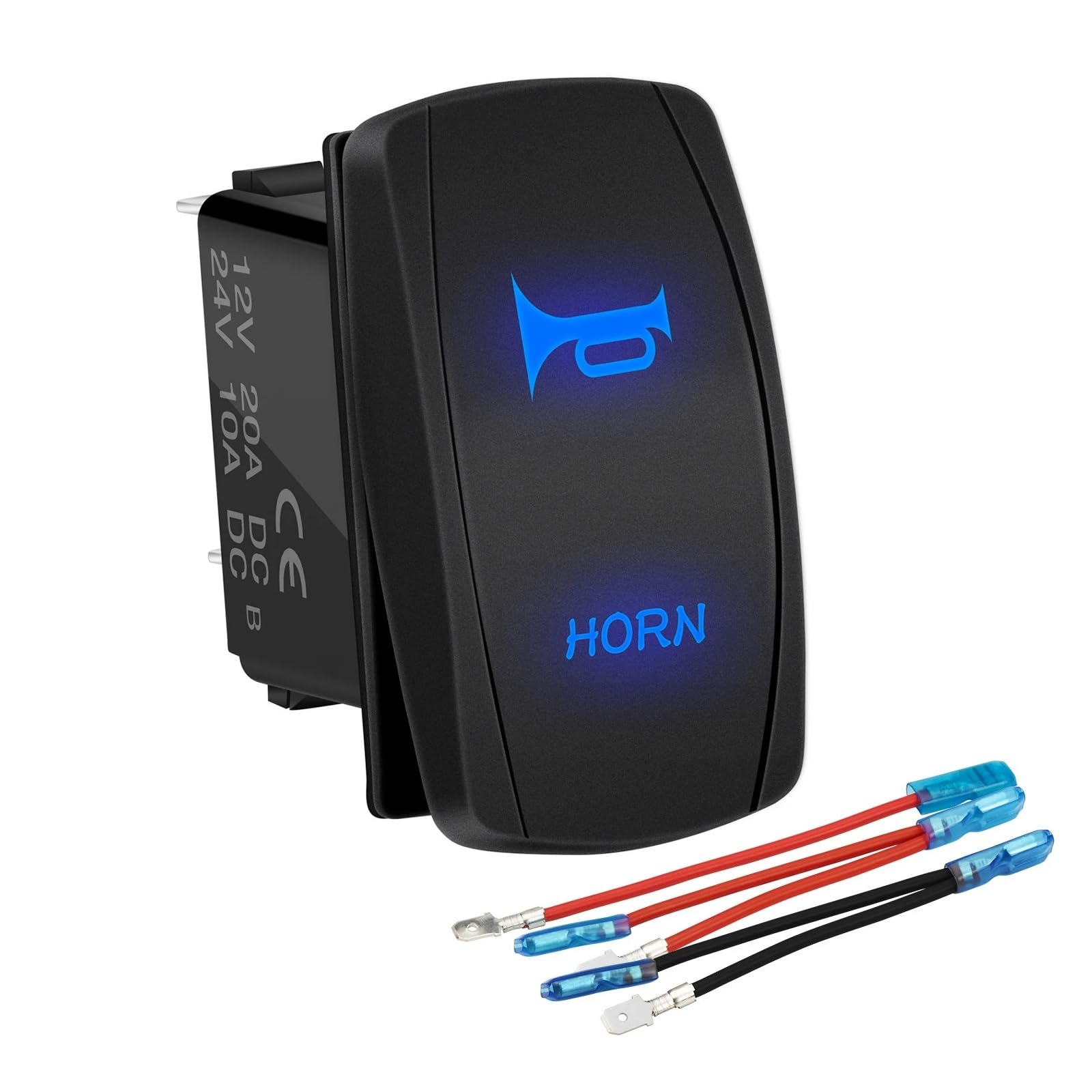 BKGWCSOR 1PC UTV RZR Marine Rocker Switch 12V 20A Momentary Horn Button Blue LED For Auto Train ATV Boat With Wire Switches