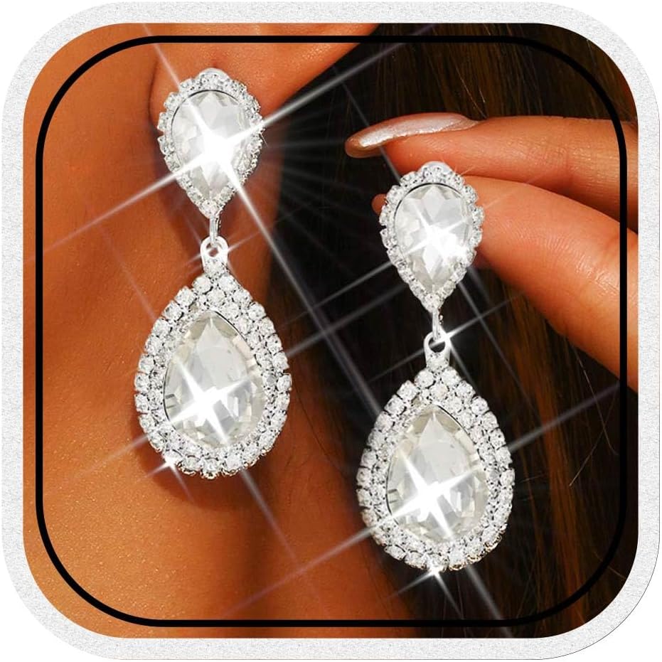 Pendientes de boda de cristal, anillos de plata con diamantes de imitación, joyería nupcial en forma de lágrima para novias y mujeres