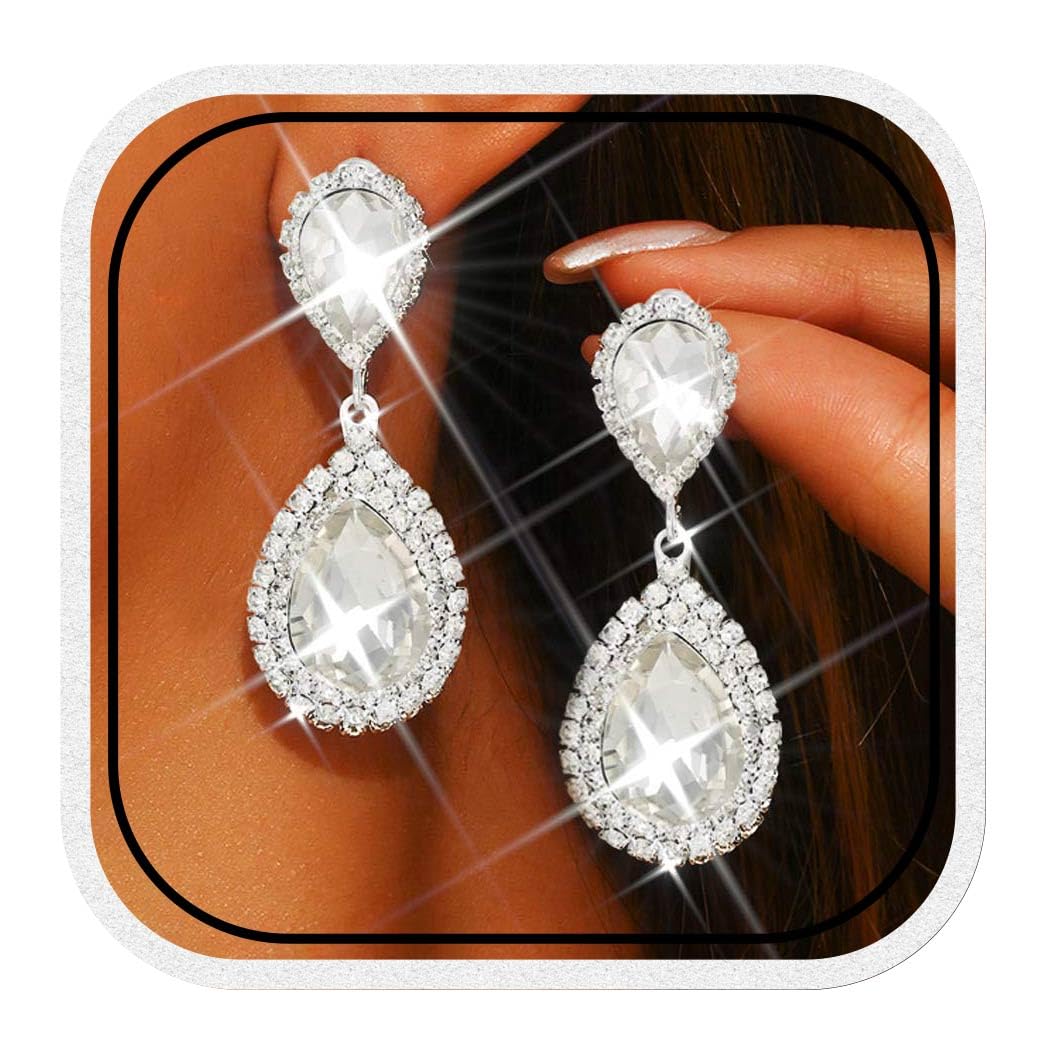 Catery Crystal Wedding Earrings Silver Rhinestone Ear Rings Teardrop Bridal Ear Jewelry for Brides and Women