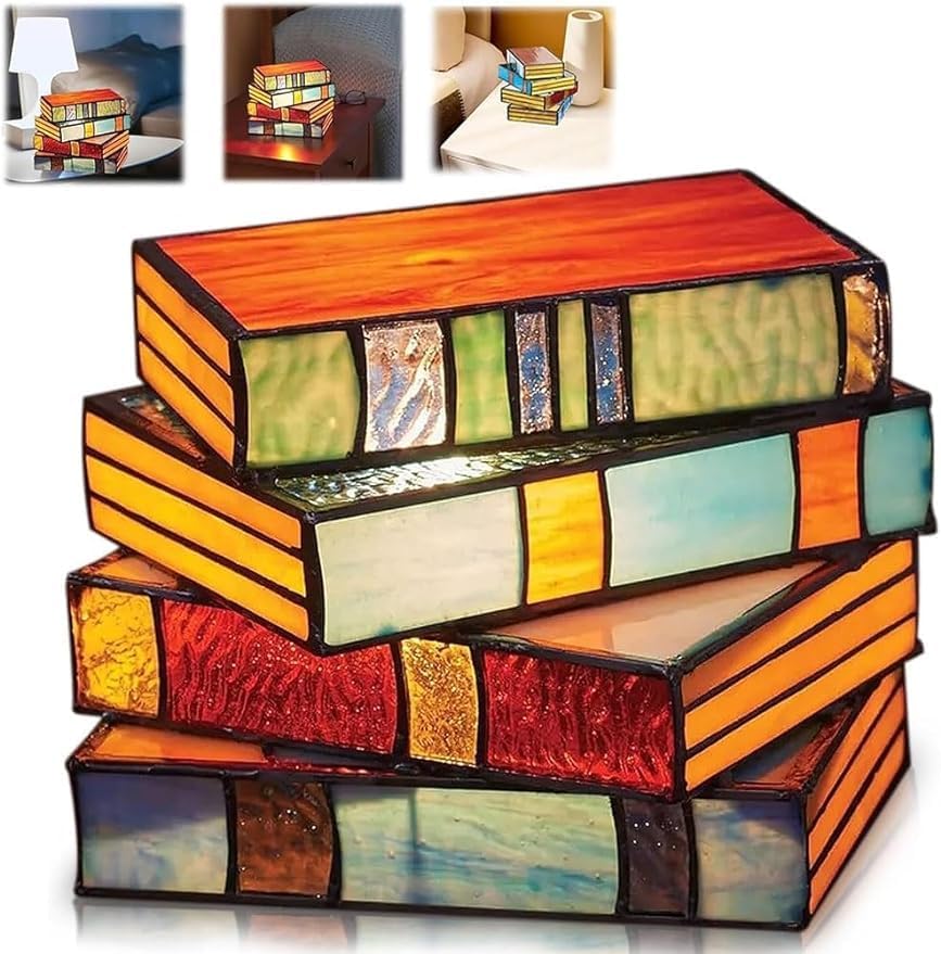 Stained Glass Stacked Book Lamp, Tiffany Style Table Lamps Stacked Book