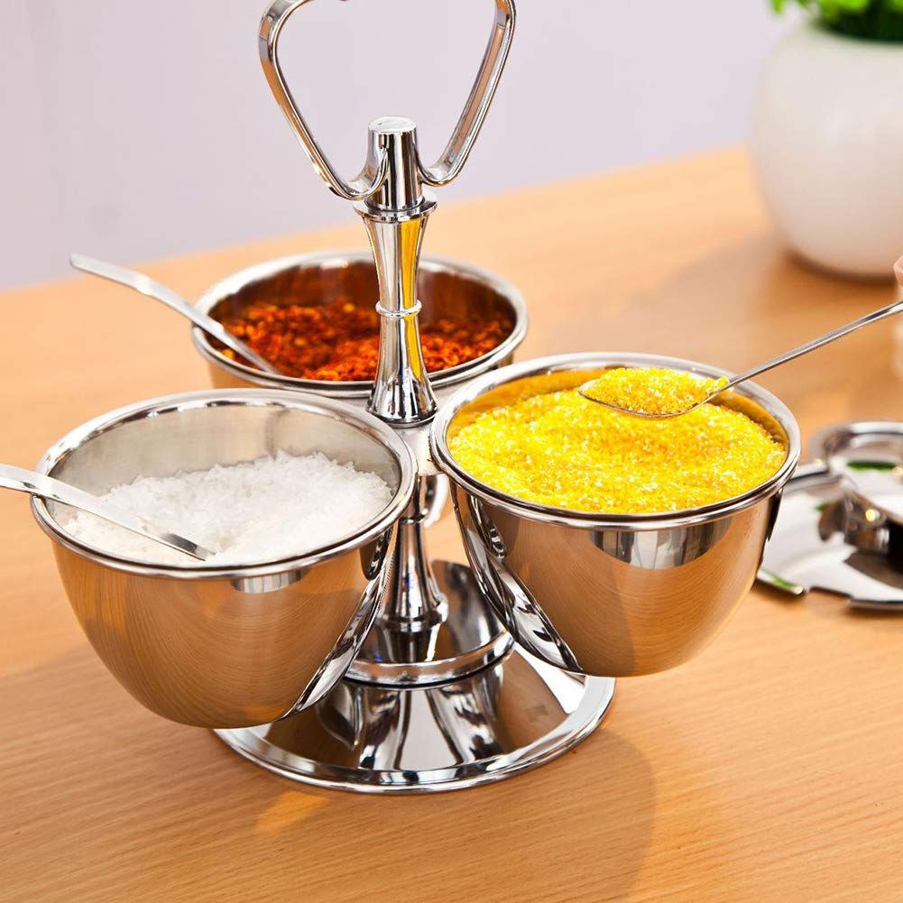 Tarro De Especias De Acero Inoxidable 304 Con Rejilla Creativa Para Facilitar El Tránsito, Base Giratoria Para Un Condimento Más Cómodo, Juego De Tarros De Condimento, Plateado-3jars