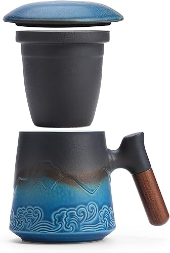Miniatura 6 de MAXJOY Taza de té con infusor y tapa, taza de té de cerámica de hojas sueltas de 15.2 onzas, mango de palisandro, negro y azul