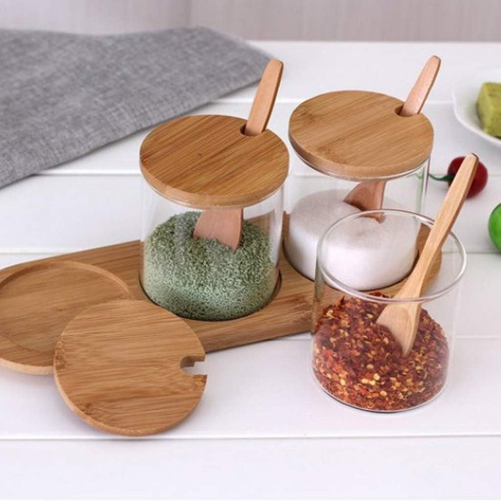 Seasoning Container Kitchenware Spice Rack Seasoning Box Glass Three Piece Suit Household Combination Bamboo Tray Salt and Pepper Spice Jar
