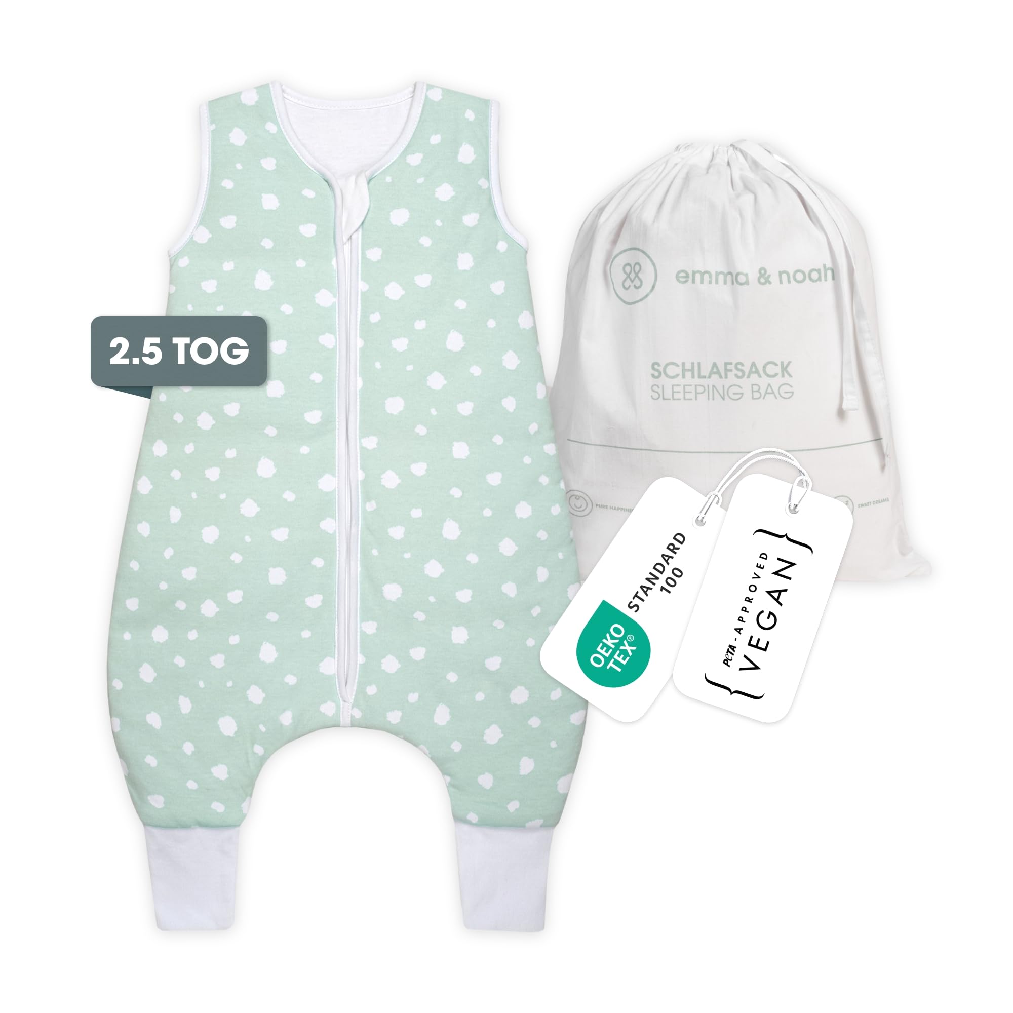 emma & noah Baby Schlafsack mit Füßen 2.5 TOG, Strampelsack für den Herbst und Winter, Bio-Baumwolle, OEKO-TEX Zertifiziert, Kuscheliger Schlafsack für Neugeborere (Punkte Mint, 100 cm)