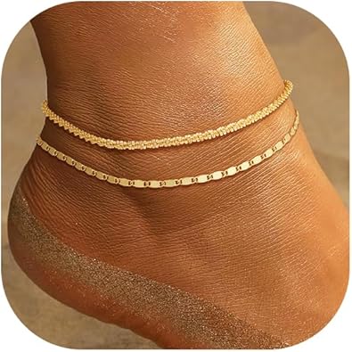 CHESKY Gold Ankle Bracelets for Women, 14k Gold Plated/Sterling Silver Anklet Bracelet Set Layered Glitter Box Paperclip Figaro Cuban Link Anklets for Women, Waterproof Summer Gold Jewelry Gifts