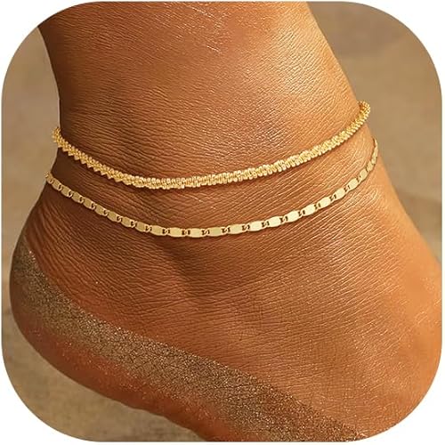 CHESKY Gold Ankle Bracelets for Women, 14k Gold Plated/Sterling Silver Anklet Bracelet Set Layered Glitter Box Paperclip Figaro Cuban Link Anklets for Women, Waterproof Summer Gold Jewelry Gifts