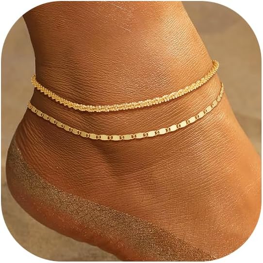 CHESKY Gold Ankle Bracelets for Women, 14k Gold Plated/Sterling Silver Anklet Bracelet Set Layered Glitter Box Paperclip Figaro Cuban Link Anklets for Women, Waterproof Summer Gold Jewelry Gifts