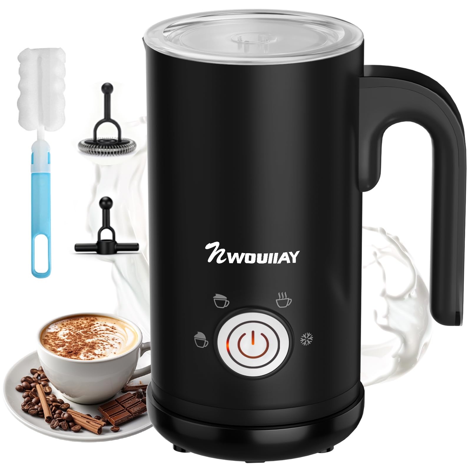 NWOUIIAY Montalatte Elettrico 4 in 1 Cappuccinatore Elettrico 300ML 600W Silenzioso con Manico per Caldo e Freddo Schiuma di Latte Rivestimento Antiaderente per Latte Cappuccino Macchiato
