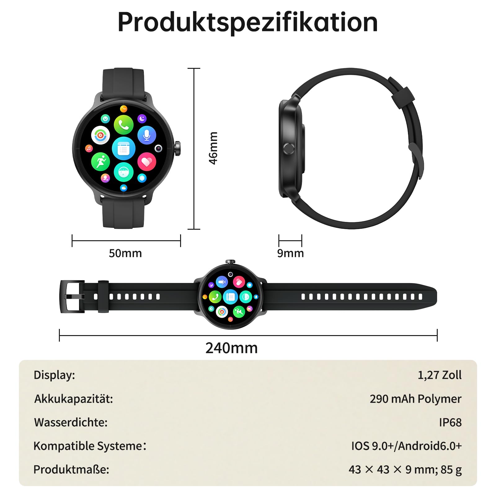 Smartwatch Damen Herren – 1.27" Smart Watch mit Bluetooth Anrufe, WhatsApp/App-Benachrichtigungen, Herzfrequenz, Schlafmonitor, 120+ Sportmodi, IP68 Wasserdicht – Fitnessuhr Kompatibel mit iOS Android