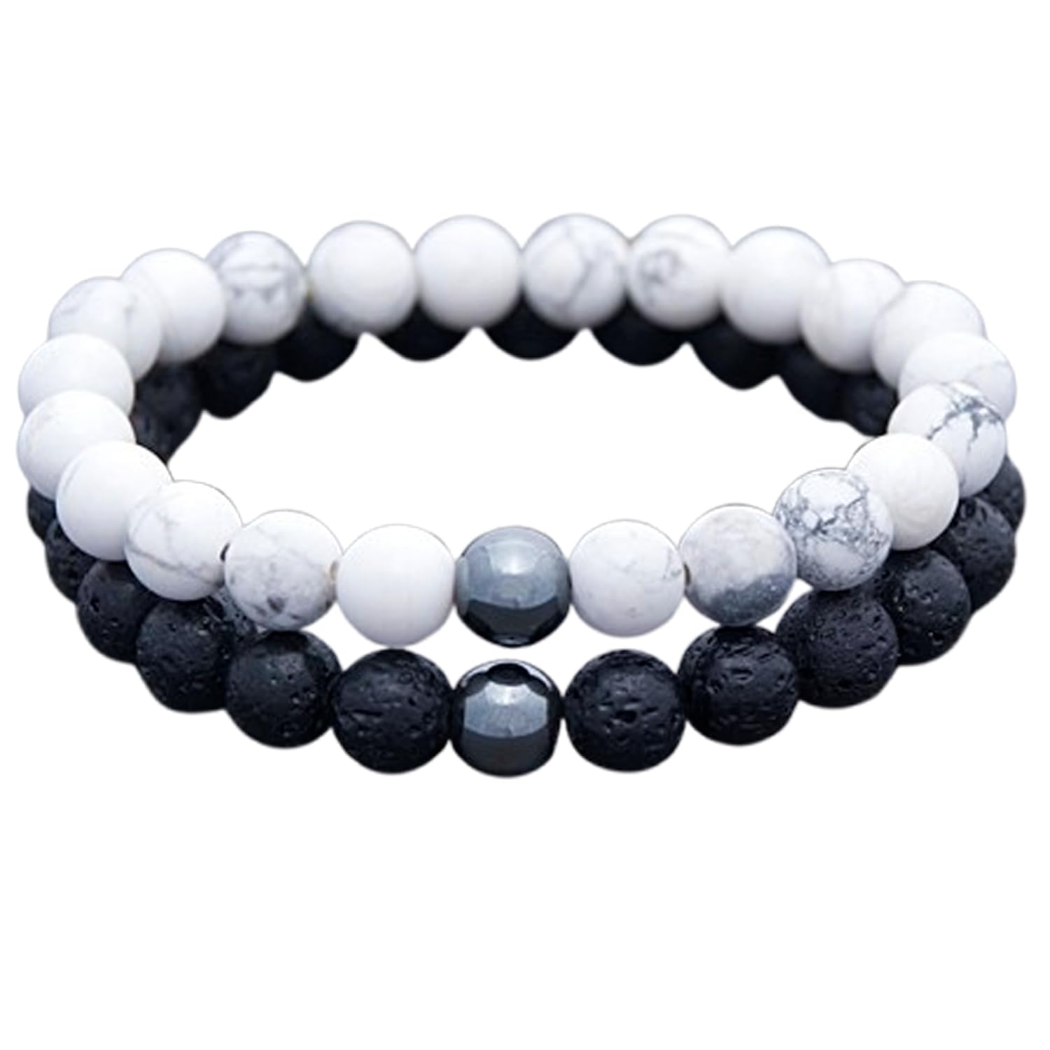Howlite, Lava Rock & Hematyt 8 mm Okrągłe Gładkie Koraliki Długodystansowe Pary Miłość Przyjaźń Combo Zestaw bransoletek - Zestaw bransoletek rozciągających się w związku dla par | FIZA_CPL