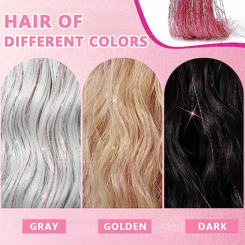 Image of MAYCREATE 6pcs Hair Tinsel Clip-in Glitter Hair Extensions for Women, 20.5in Pink Shiny Tinsel Strands, Heat Resistant Fairy Sparkle Hair Accessories for Girls Kids Festival Cosplay Party Gift