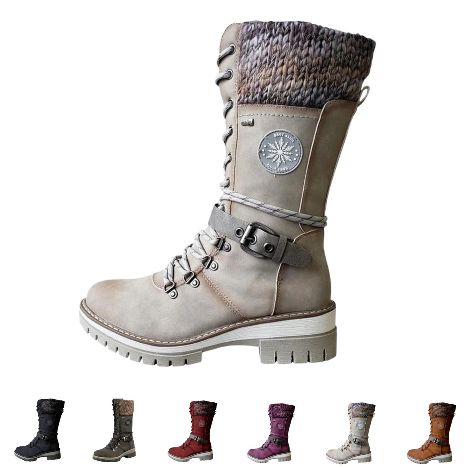 Womens Winter Warm Mid-Calf Snow Boots Lace-up Gothic Vintage Punk Buckle Booties Round Toe Low Heel Side Zipper
