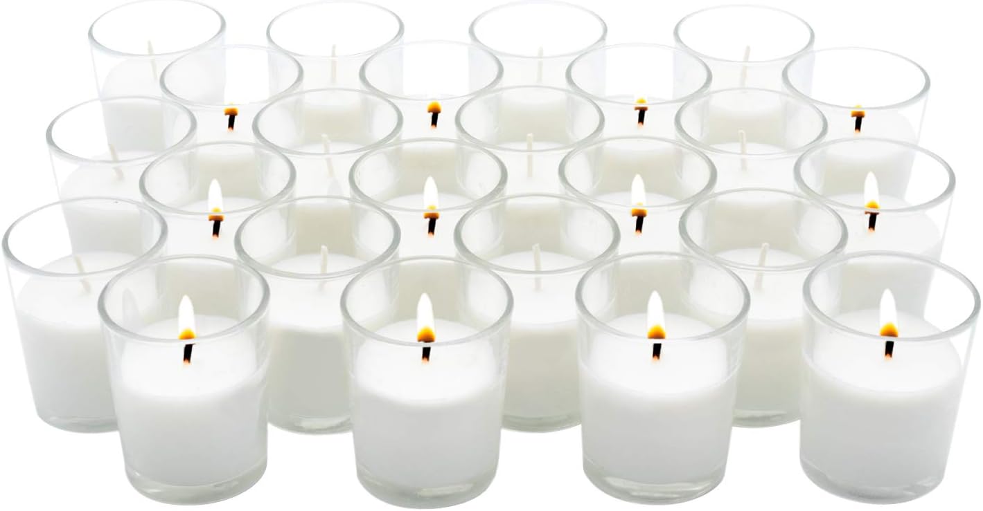 Royal Imports Unscented Clear Glass Votive Candles, Long 12 Hour Burn Time, for Home, Spa, Wedding, Birthday, Holiday, Restaurant, Party, Birthday, 24 Pack