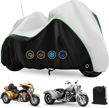Trike Waterproof Motorcycle Cover, Heavy Duty 420D Outdoor Sun & Rainproof Trike Cover with Reflective Strips & Antenna Holes 118x57x55 Inch for Harley Honda Yamaha Kawasaki Black Silver