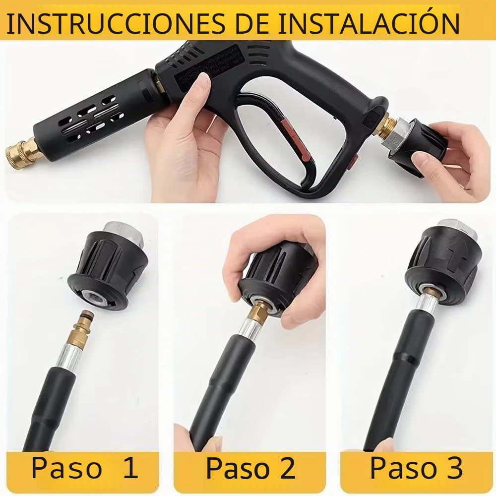 Pistola De Agua A Presión,Pistola Hidrolimpiadora,Lanza Hidrolimpiadora,4000 PSI,con extensión de varita de repuesto,5 puntas de boquilla,Tubo de +8 metros,para ventanas, coche, hogar