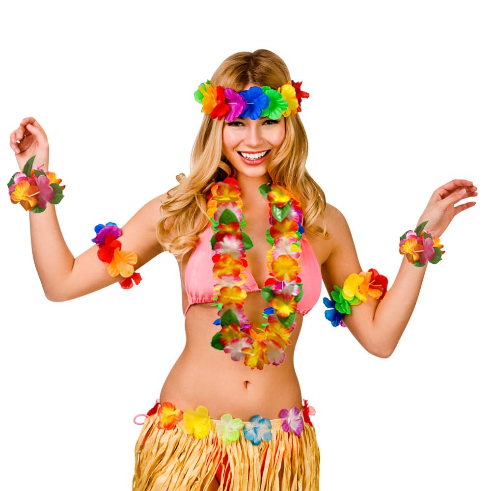 5Pcs Hawaiian Leis Hula Grass Skirt Set, Hawaiian Flower Leis Necklace Headband Bracelets Luau Skirts - Image 3