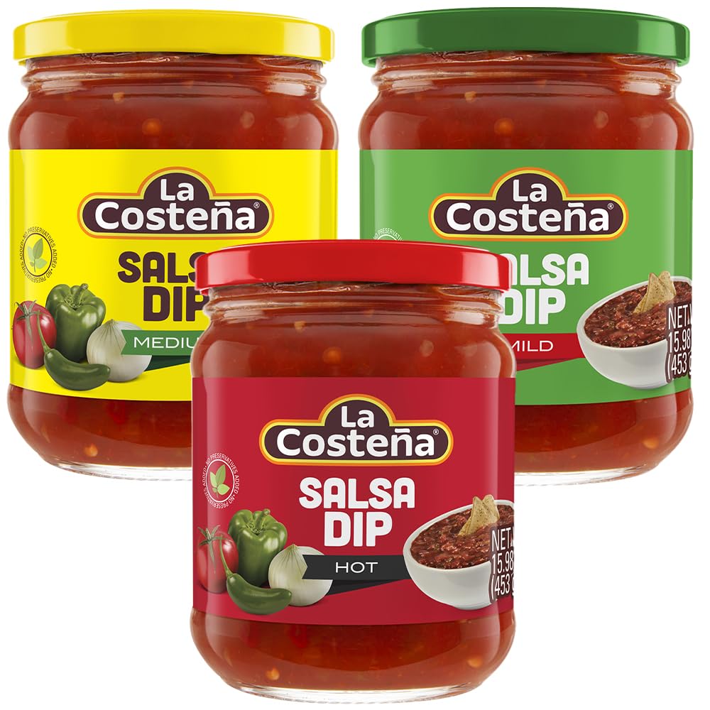 La Costena Salsa Dips/Mexican Salsa Dipping Sauce, Pack of 3 Salsa Jars, Hot, Medium and Mild