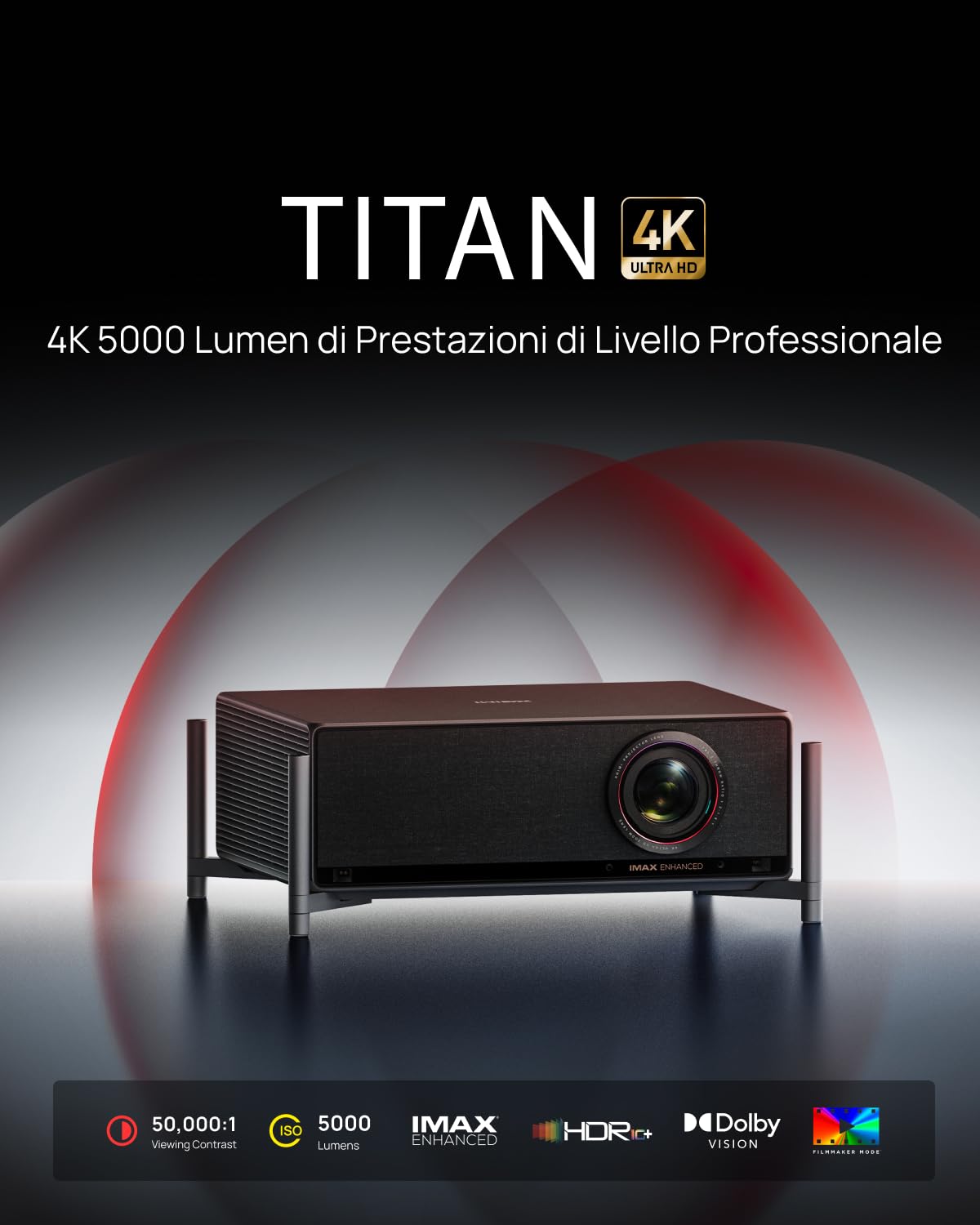 XGIMI TITAN Proiettore 4K a Doppio Laser per Home Cinema, 5000 Lumen, Zoom Ottico 1.2–1.8:1, IMAX Enhanced, Filmmaker Mode, HDR10+, Contrasto Elevato