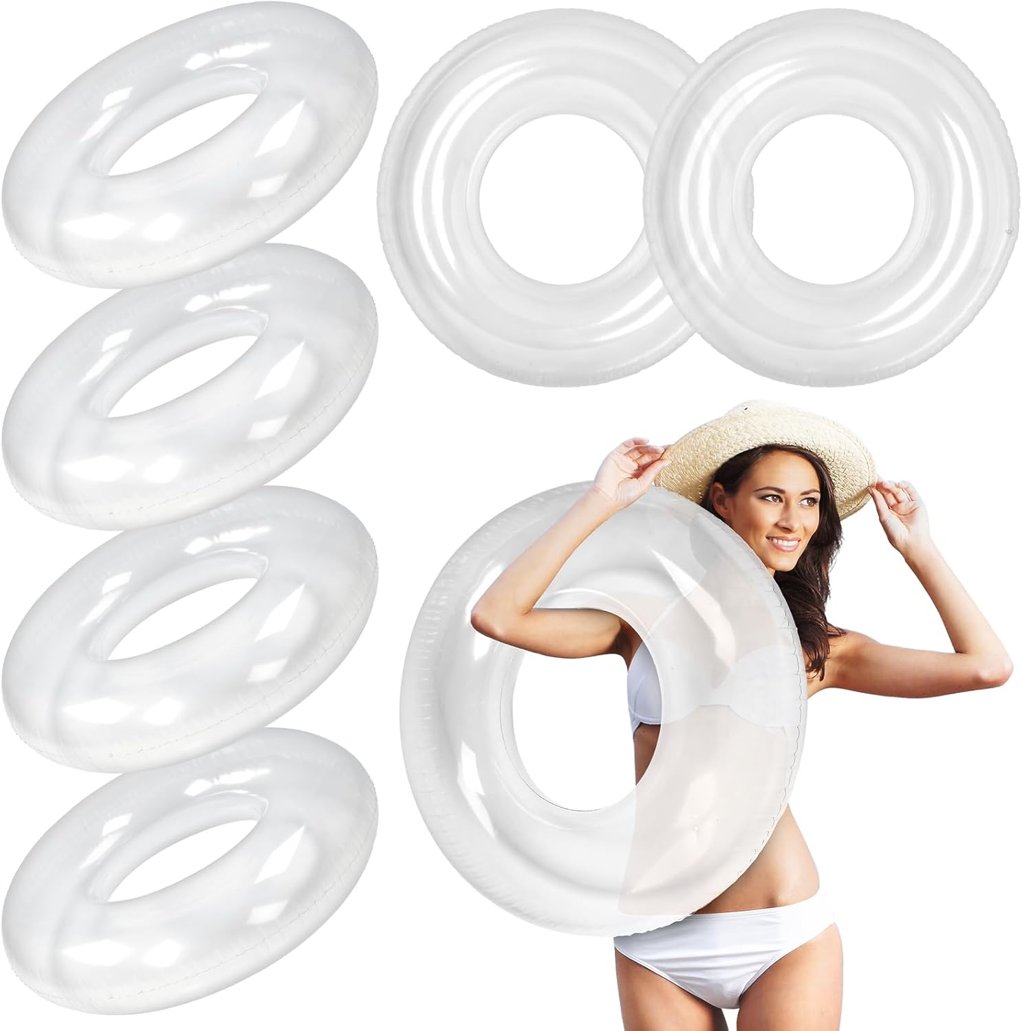 6 Pcs Inflatable Pool Floats 28 Inches Swim Tube Bulk for Kids and Adults Swimming Ring Pool Floaties for Beach Party Decorations Teenager River Lake Summer Vacation Holiday (Clear)