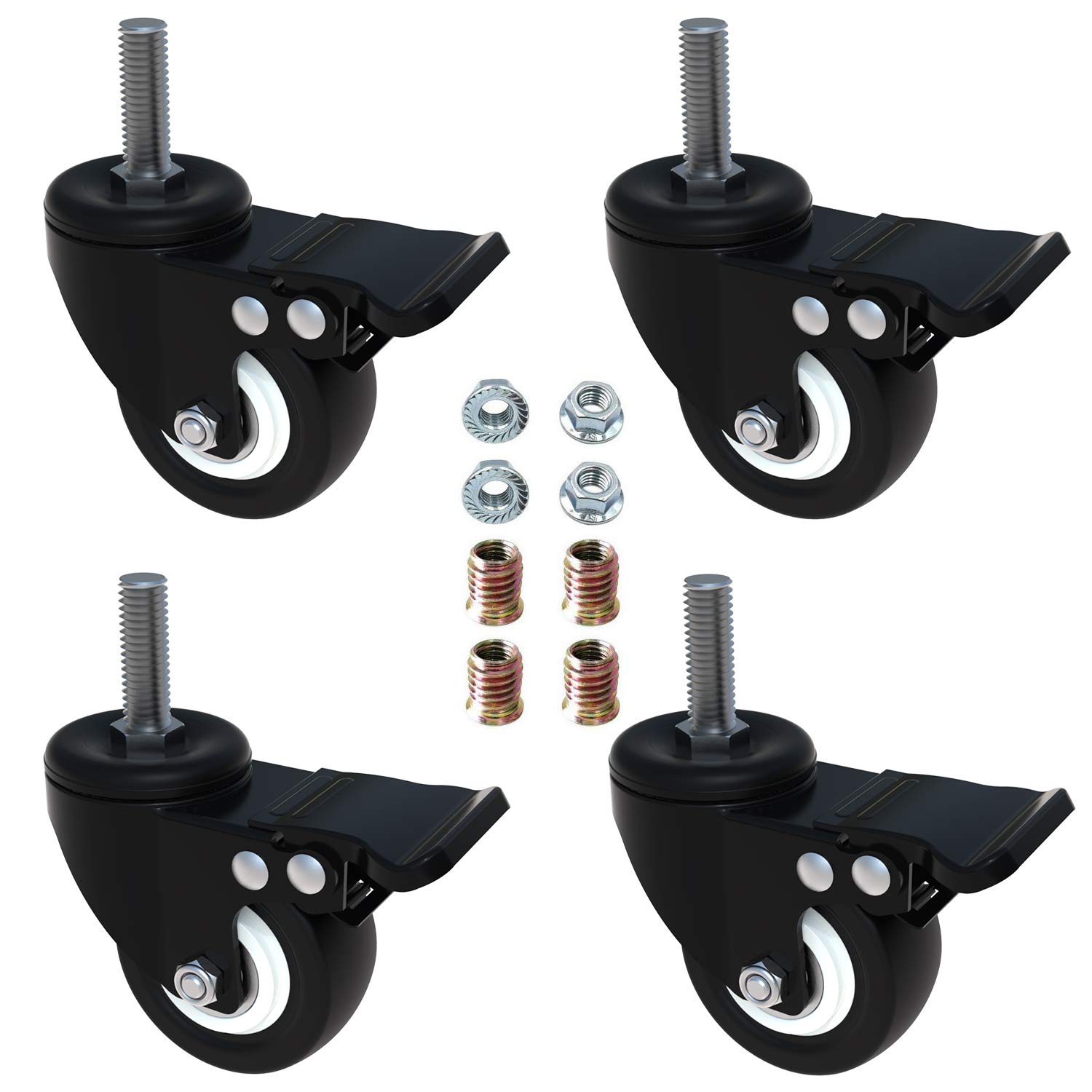 OuYi 4pcs 2" Swivel Stem Casters with Brake Lock Heavy Duty PU Rubber Wheels, Screwed Bolt 3/8"-16x1"x1" OeCaster50_1025EN