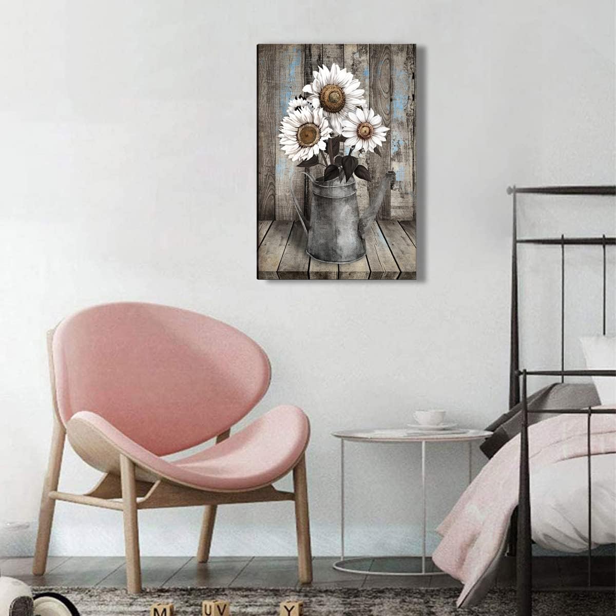 Framed Rustic Farmhouse White Sunflower Wall Art Decor for picture print Floral Vintage Wood Grain Canvas Artwork for Living Room Bedroom Bathroom Office Hotel Modern Home 16x24inch