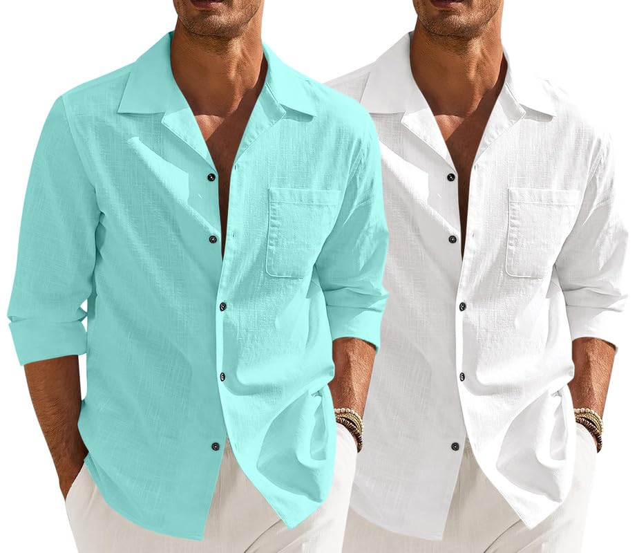 Image of Combo of Men's Casual Cotton Blend Shirt || Long Sleeve Button Down with Spread Collar | Lightweight Breathable Fabric | Stylish Solid Shirt for Beach, Office & Everyday Wear Pack of 2