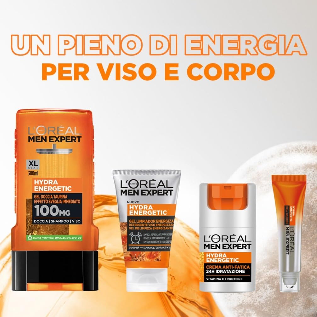 L'Oréal Paris Men Expert Roll-On Occhi Anti-Fatica Uomo, Per uno Sguardo più Fresco e Riposato, Occhiaie, Rughe Sottili e Borse Ridotte, Arricchito con Caffeina e Vitamina C, Hydra Energetic, 10 ml