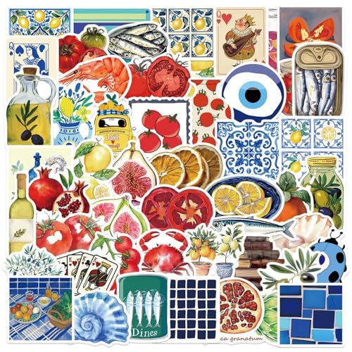 Image of 50Pcs Mediterranean Food Stickers, Cartoon Mediterranean Tomato Food Vinyl Decals for Decor Laptops, WLJIAO Aesthetic Cute Lemon Labels Sticker for Kids Teens Girls DIY Scrapbook Guitar