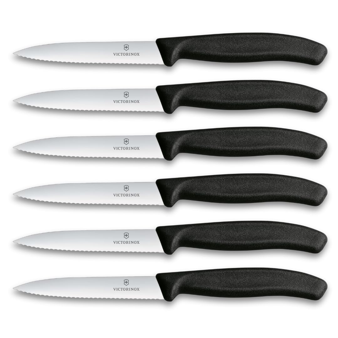 Victorinox Swiss Classic Set profesional de cuchillos para verduras, 6 piezas, cuch. universal, filo dentado y afilado, 10 cm, mango de plástico robusto, negro