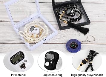 Islamic Tasbih Prayer Beads & Digital Tasbeeh Counter Set, 2 Pieces Elegant Beads with LCD Finger Counter, Elegant Islamic Gift for Dhikr Meditation Ramadan & Eid (Black, White)