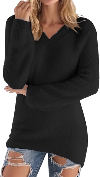 Womens V Neck Fuzzy Long Sweater Casual Warm Long Sleeve Fluffy Comfort Pullover Winter Fall Thermal Soft Clothes