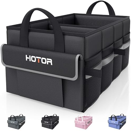 HOTOR Trunk Organizer – Car Organizer with 5 Pockets, Trunk organizer for SUV, Sedan & Van, Car Organization with Sturdy Base Panel for Car Accessories, Black, 2 Compartments, 21.3″×12.6″×10.6″