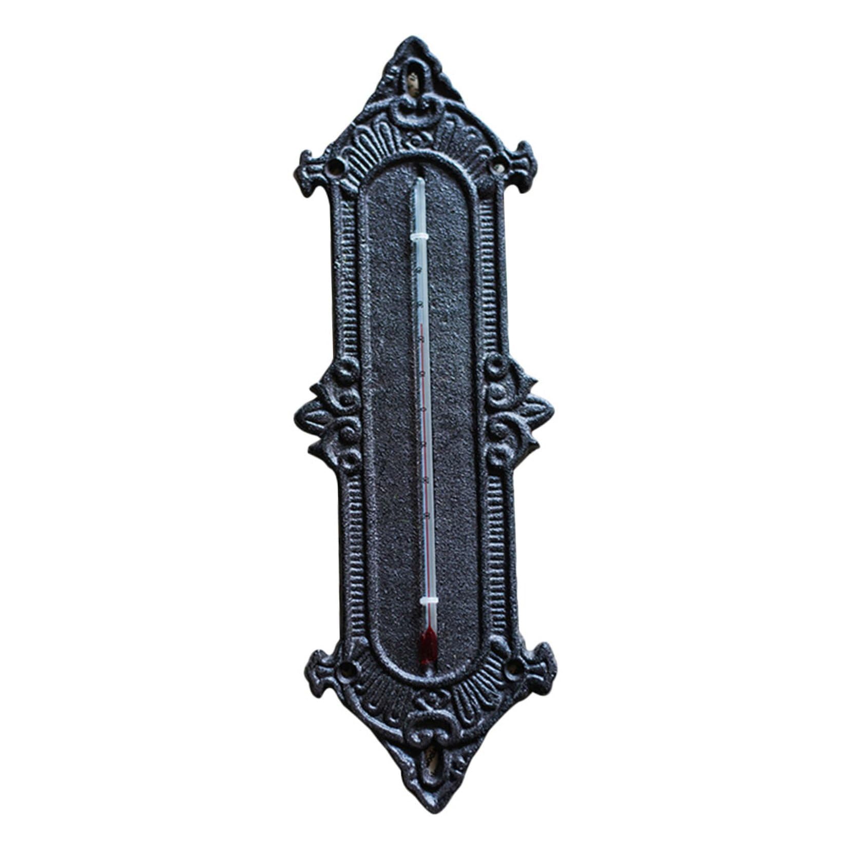 GLEAVI Thermometer Garten Metall Gusseisen Schwarz Vintage für Gewächshaus und Außenwanddekoration mit Temperaturmessgerät und Wandhalterung