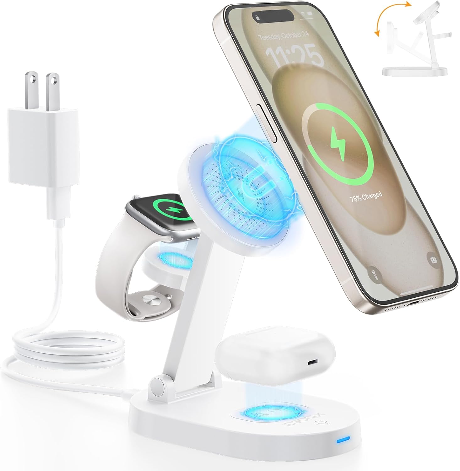 iDsonix 3 in 1 Wireless Charging Station for iPhone, 18W Fast Magnetic Phone Charger with Adjustable Stand and Light, Mag-Safe Charger Stand for iPhone 16-12 Series, Airpods, iWatch, White